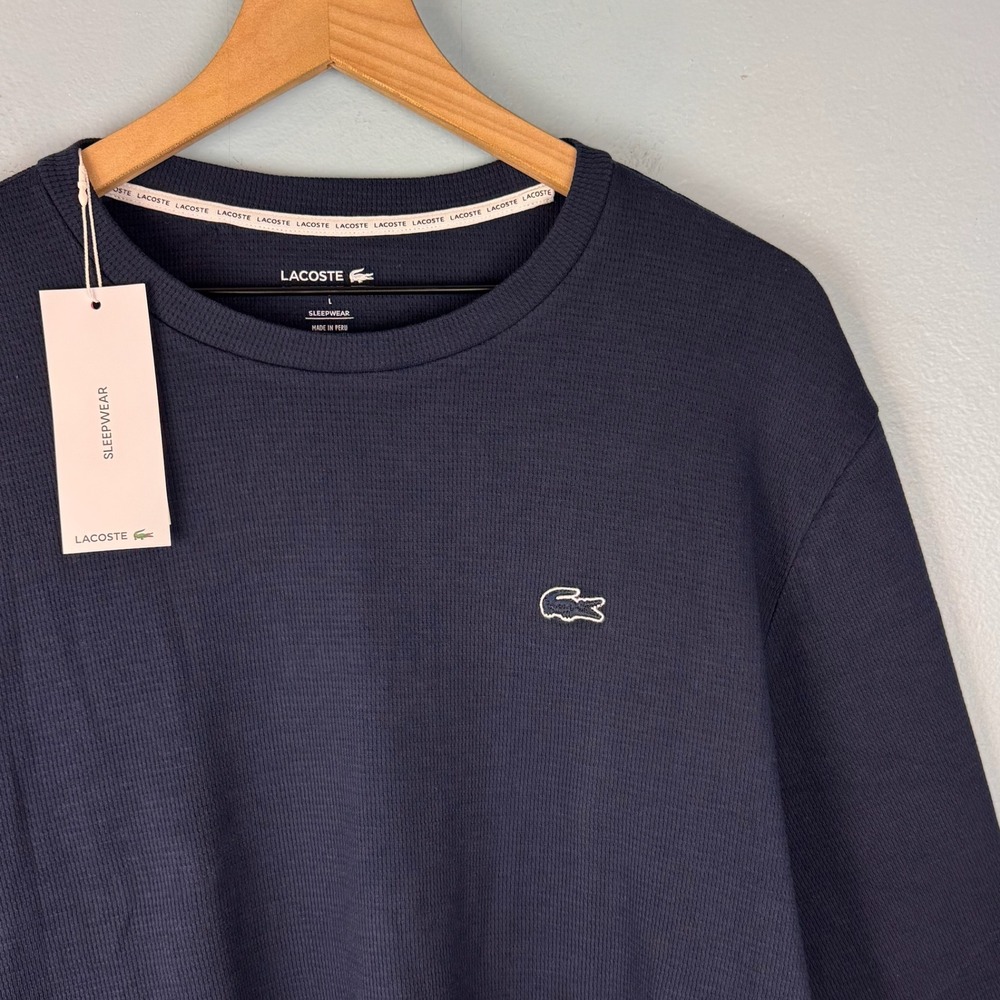 NEW Lacoste Sleepwear Shirt Mens Large Navy Blue Waffle Knit Thermal Long Sleeve
